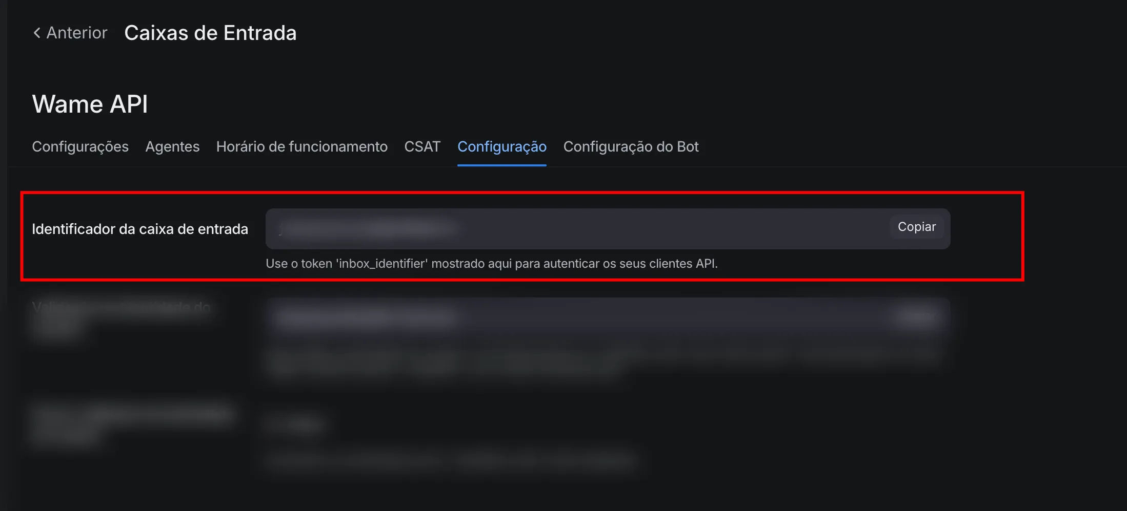 Aba Configuração — Identificador da caixa de entrada