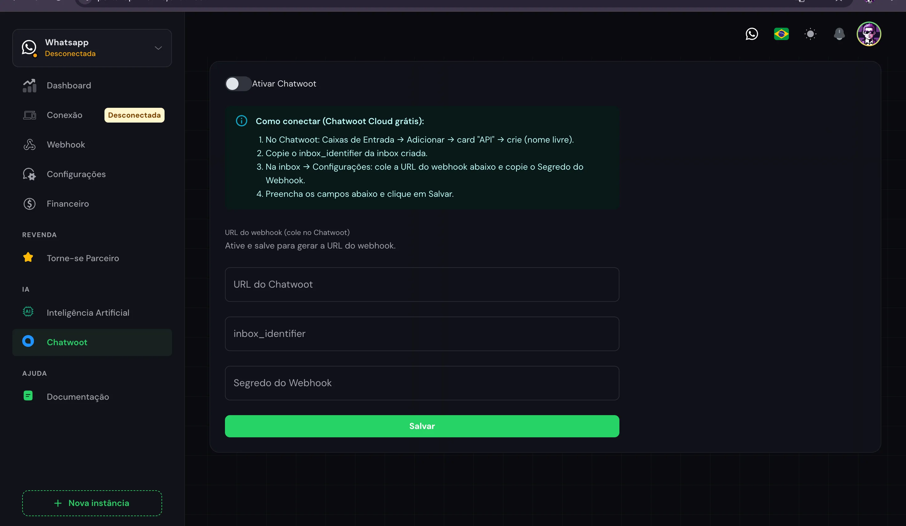 Painel WAME — menu Chatwoot com os três campos e botão Salvar